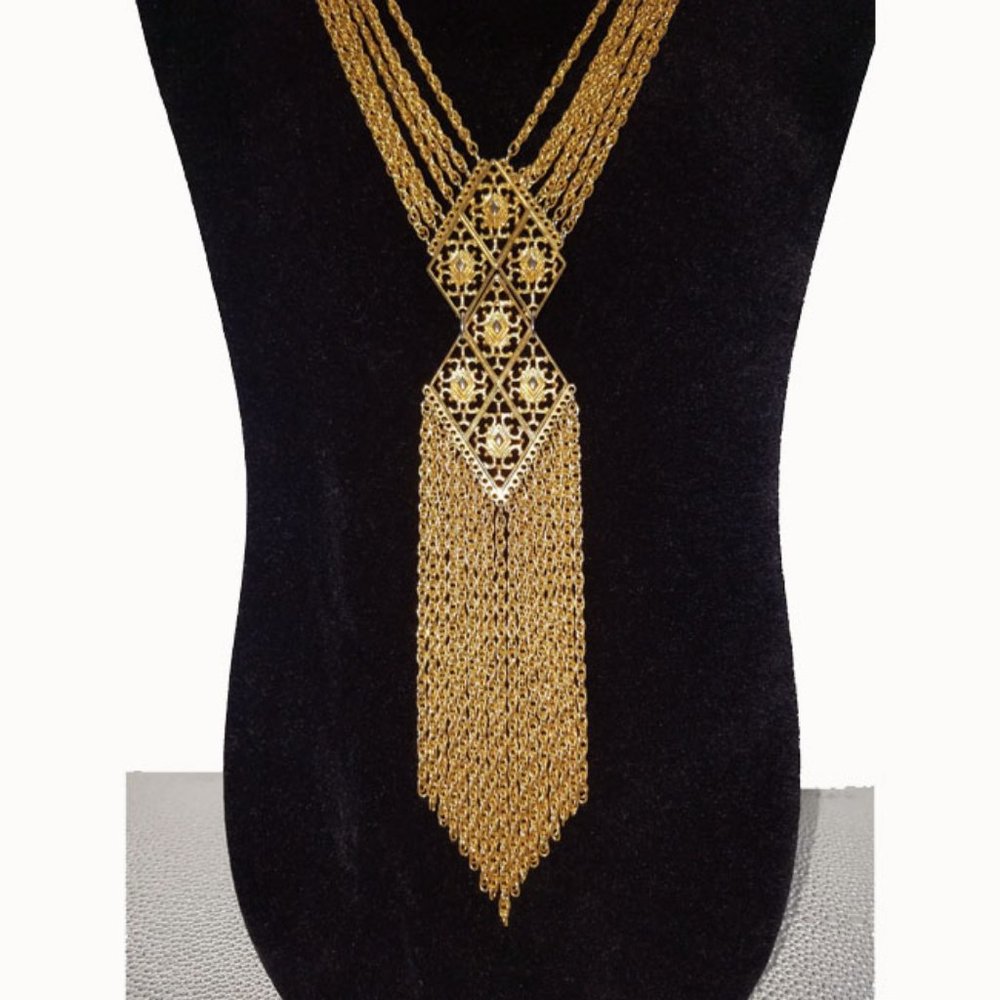 Vtg 70s Gold Chain Fringe Pendant Necklace - Picture 2 of 7